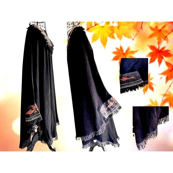 Royal Class Poncho Shawl Cape One Size Black Embellished Fringe Festive NWOT - Picture 7 of 12